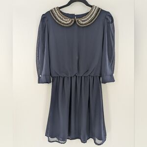 Jodi Kristopher Beaded Peter Pan Collar Chiffon Dress Navy Blue Medium Cocktail